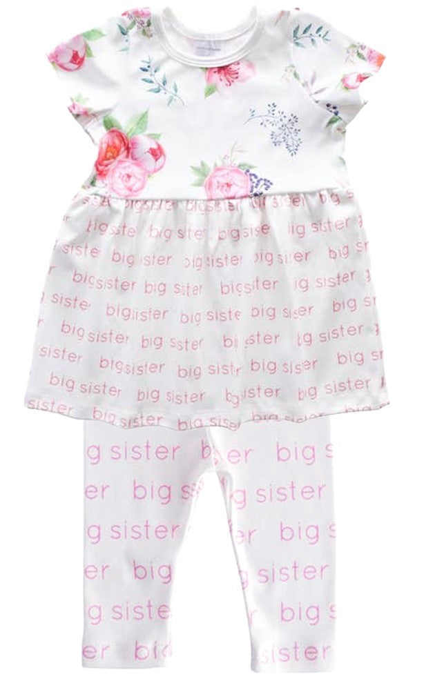 Little Girls Big Sister Dress with Leggings - Pink Peony Floral