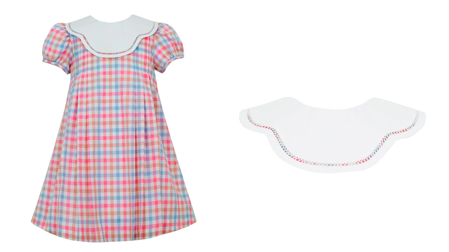 Claire & Charlie Girls Pink Plaid Smocked Dress - White Scallop Collar