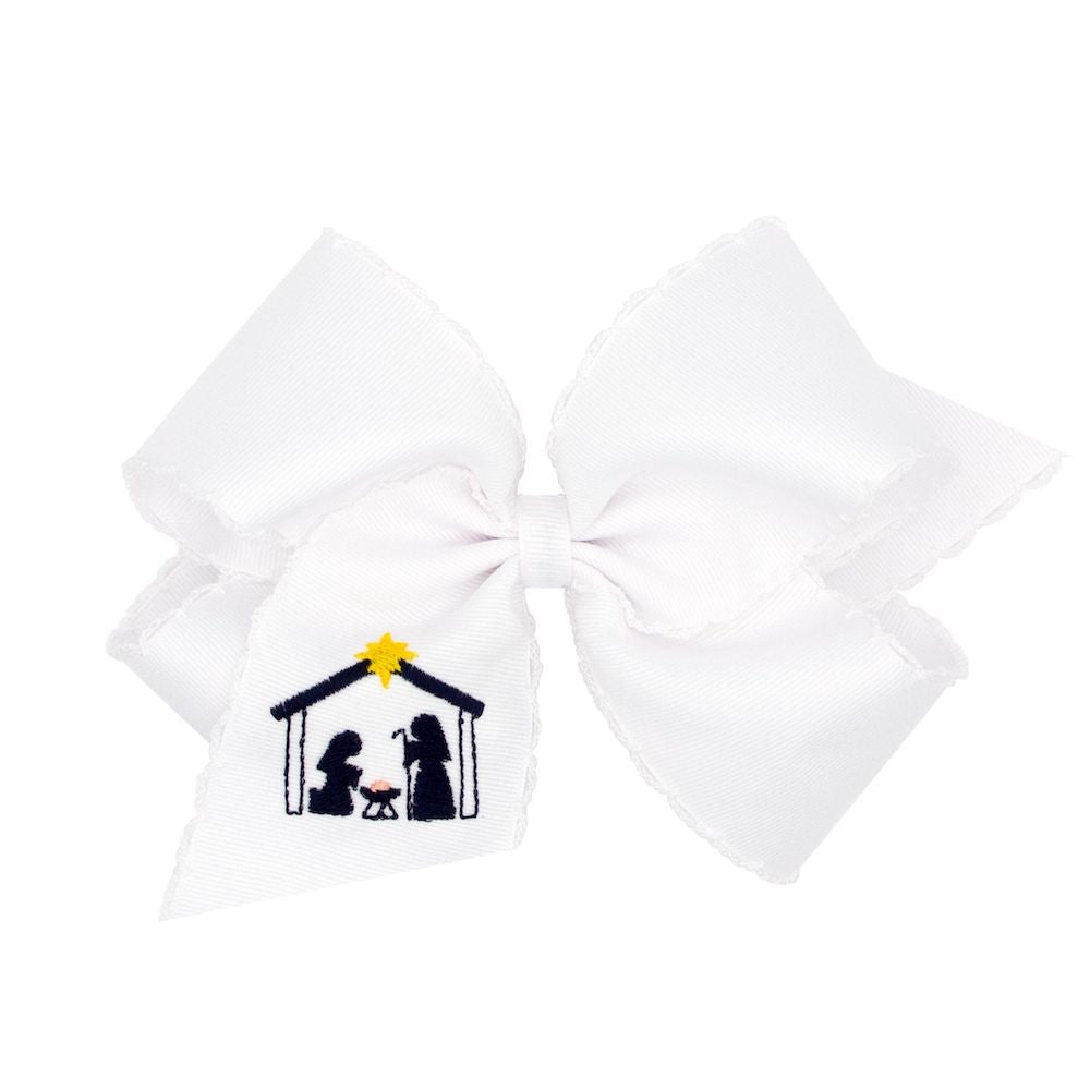 Wee Ones Girls White Moonstitch Hair Bow - Embroidered Nativity - Dark Blue