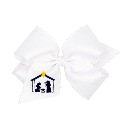 Wee Ones Girls White Moonstitch Hair Bow - Embroidered Nativity - Dark Blue
