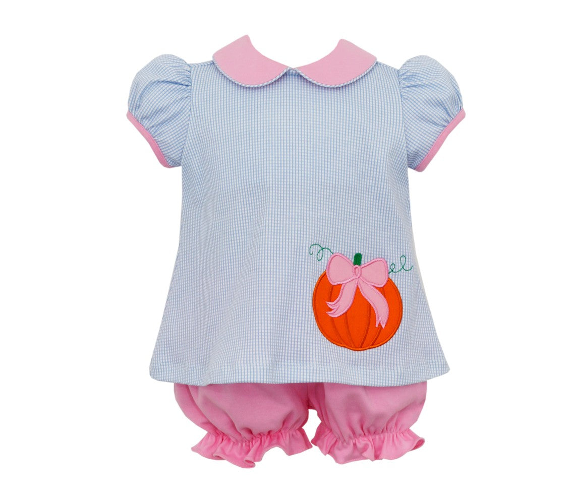 Claire & Charlie Girls Blue Gingham / Pink Knit Bloomers Set - Applique Pumpkin