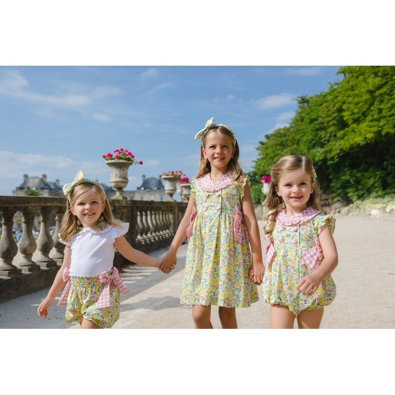 Sal & Pimenta Girls Bubble - Pink Gingham Bows - Yellow Betsy Liberty Floral