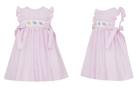 Petit Bebe Girls Pink Striped Smocked Flowers Dress with Side Bows