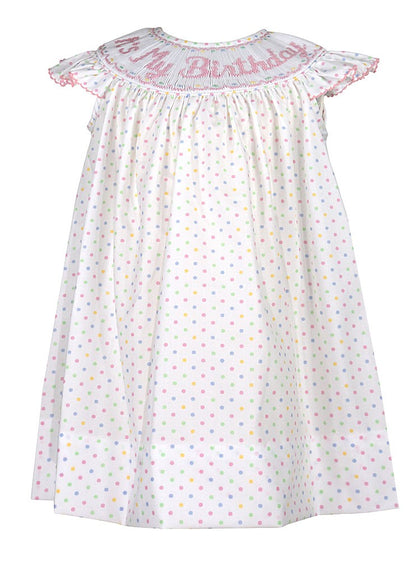 Anavini Girls Pastel Dots Smocked "It's My Birthday" Dress