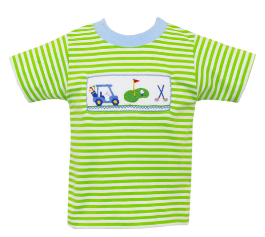 Anavini Boys Green Stripe Knit Shirt - Smocked Golf Theme