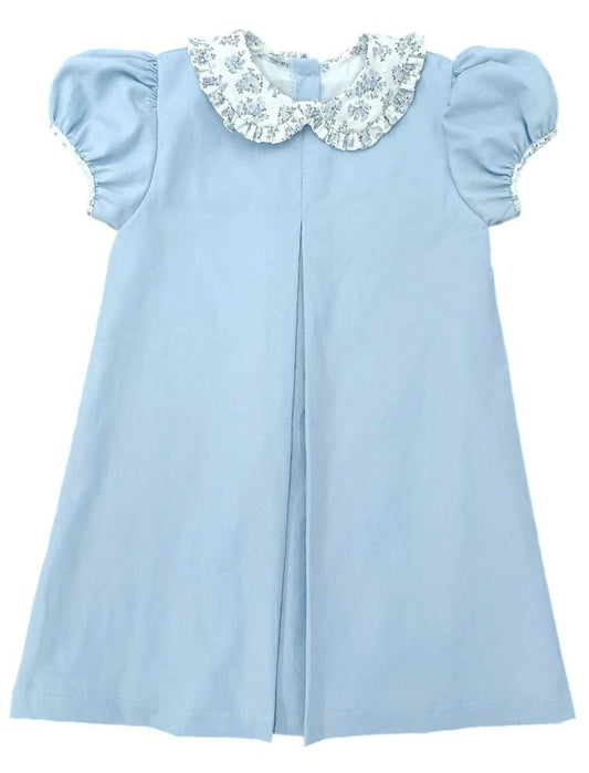 James & Lottie Kadence Dress - Blue Cord Dress with Blue and Green Dotted Swiss