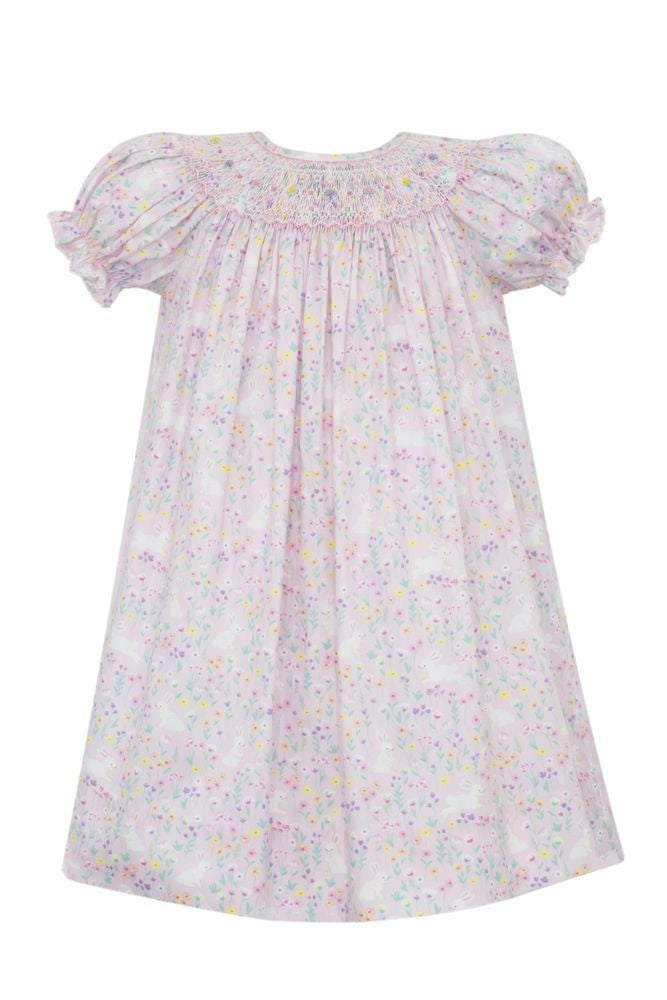 Claire & Charlie Girls Pink Easter Bunny Print Smocked Bishop Dress