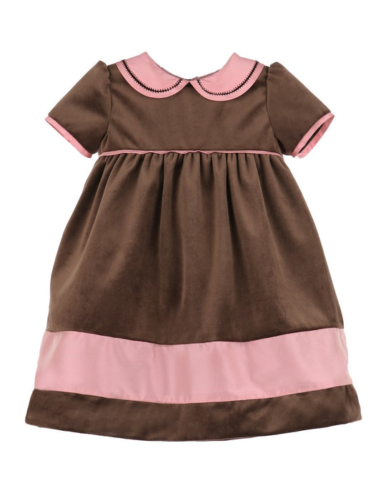 Luli & Me Girls Velvet Dress - Cocoa Brown - Pink Collar & Trim