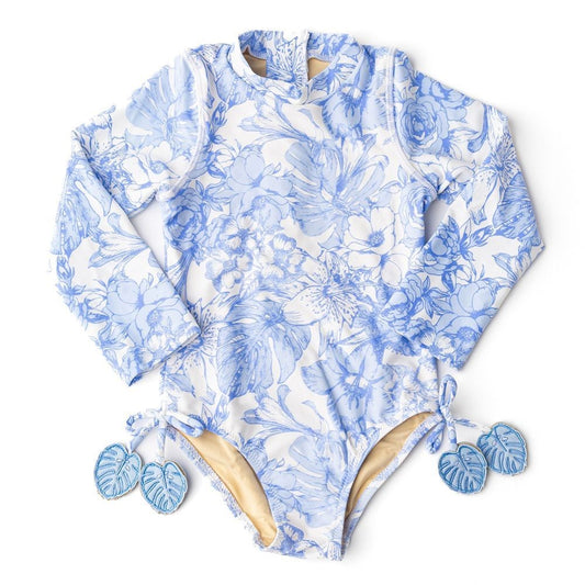 Shade Critters Girls One Piece Long Sleeve Swimsuit - Tropical Blues