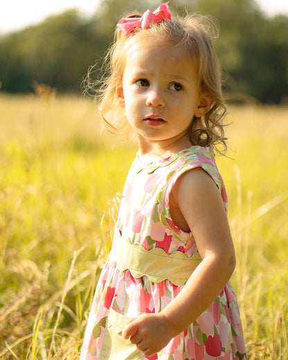 Yellow Lamb Girls Amalie Field of Pink Tulips Dress with Pockets
