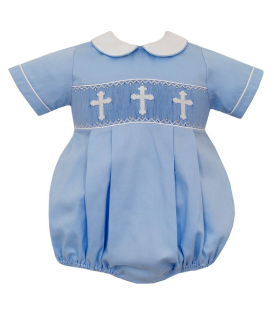 Anavini Baby Boys Blue Pique Bubble - Smocked Crosses - White Collar