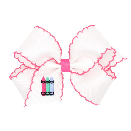 Wee Ones Girls Hair Bow - Embroidery Crayons - White with Hot Pink Moonstitch