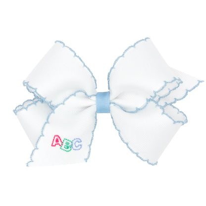 Wee Ones Girls Hair Bow - Embroidery ABC - White with Millenium Blue Moonstitch