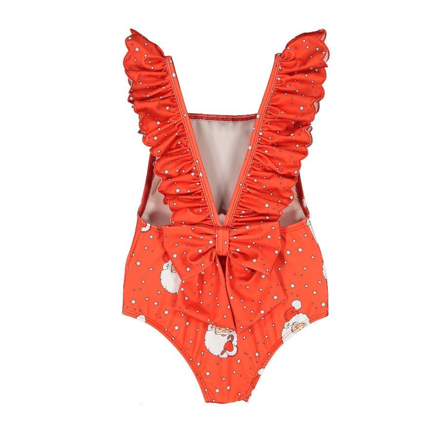 Sal & Pimenta Girls Christmas Swimsuit - Back Bow - Red Santa Glows