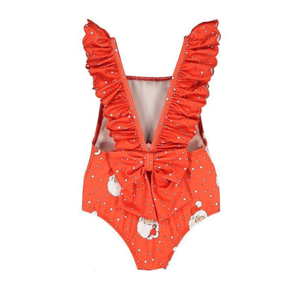 Sal & Pimenta Girls Christmas Swimsuit - Back Bow - Red Santa Glows