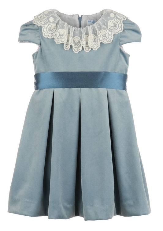 Luli & Me Girls Deluxe Velvet Dress - Lace Collar - Ribbon Sash - French Blue