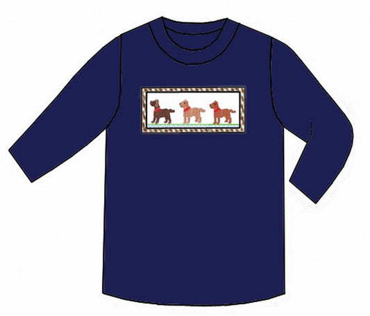 Anavini Boys Navy Blue Shirt - Smocked Labrador Dogs