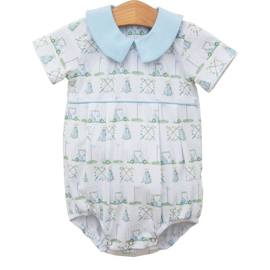 Trotter Street Kids Baby Boys Blue Golf Hole in One Print Bubble with Blue Collar