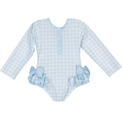 Sal & Pimenta Girls Long Sleeve Rash Guard One Piece Swimsuit with Bows - Blue Gingham