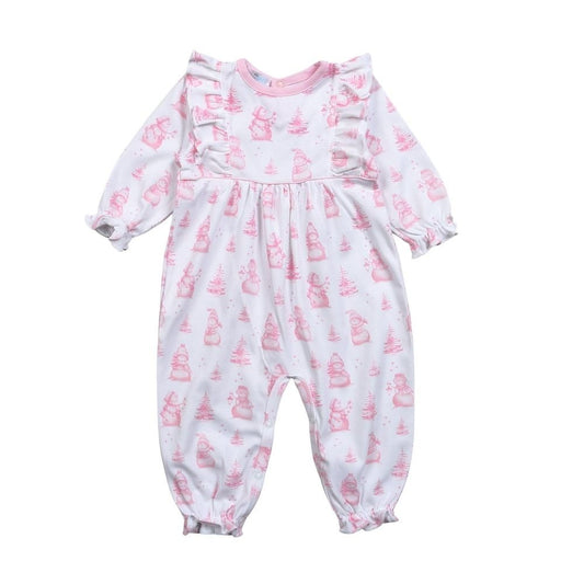 Baby Loren Baby Girls Pink Snowman Toile Ruffle Romper