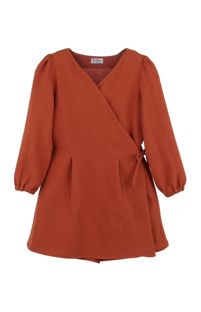Luli & Me Gabby Girls Grace Wrap Romper - Autumn Rust