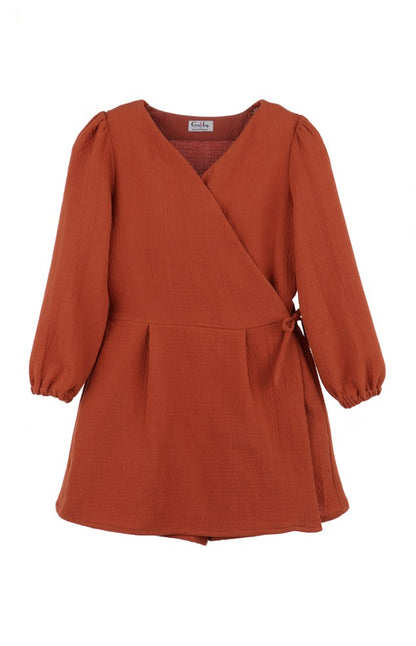 Luli & Me Gabby Girls Grace Wrap Romper - Autumn Rust