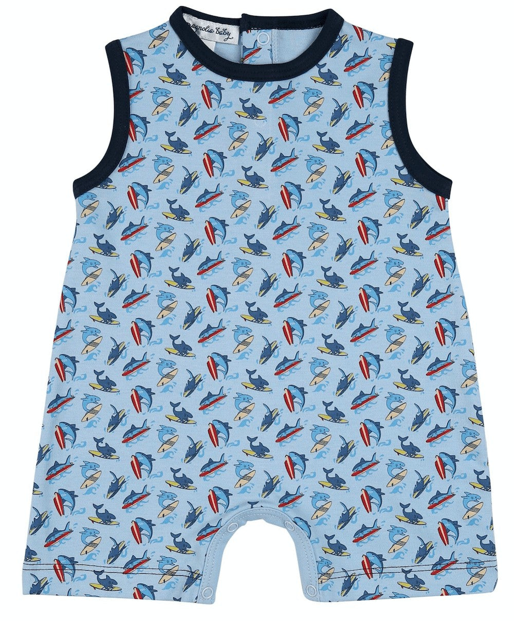 Magnolia Baby Boys Blue Sharkie the Surfer Printed Sleeveless Short Playsuit