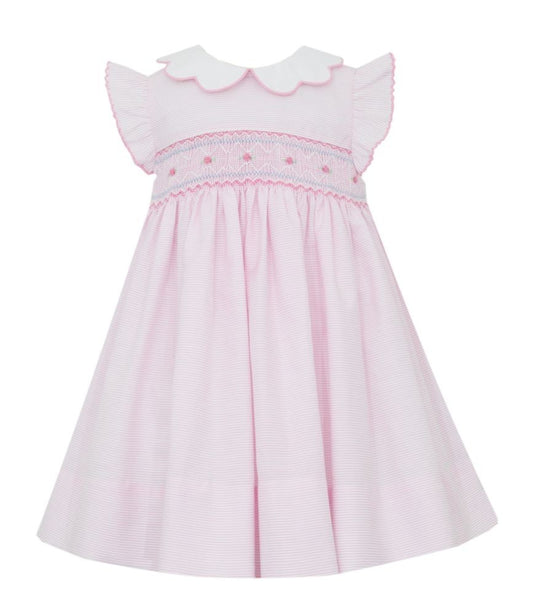 Petit Bebe Girls Pink Stripe Flutter Sleeve Smocked Dress - Scallop Collar by Petit Bebe