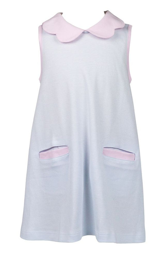 Proper Peony Pima Girls Light Blue Stripe Scallop Collar Dress
