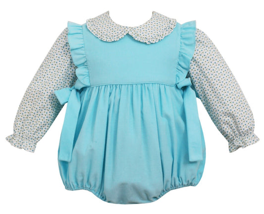Petit Bebe Baby Girls Aqua Corduroy Bubble with Bows - Floral Blouse