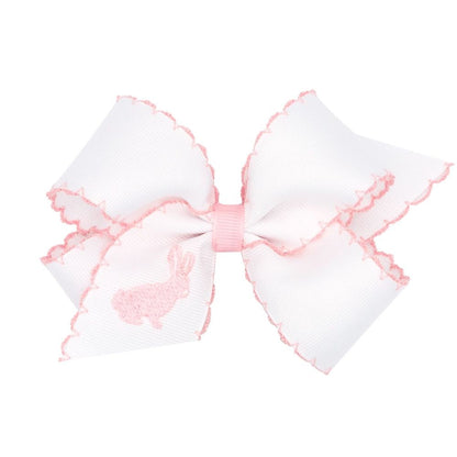 Wee Ones Girls Novelty Hair Bow - Moonstitch White with Pink - Embroidered Bunny Profile