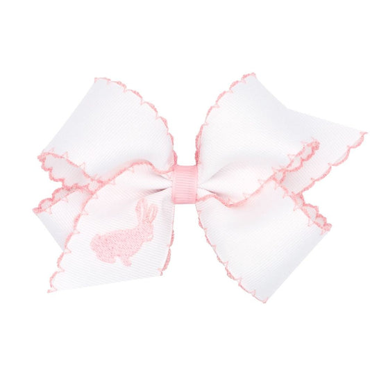 Wee Ones Girls Novelty Hair Bow - Moonstitch White with Pink - Embroidered Bunny Profile