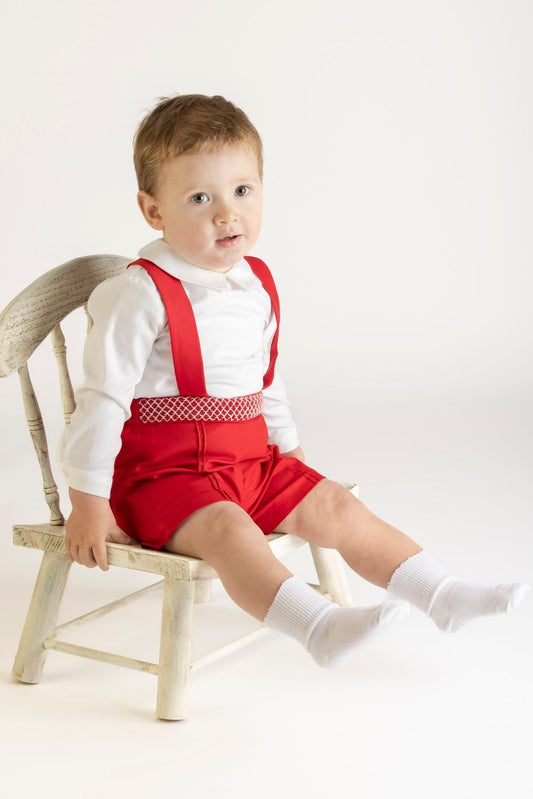 Luli & Me Boys Timeless Bliss Smocked Suspender Shorts Set - Red