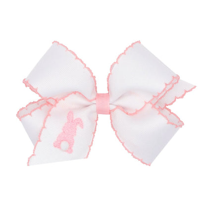 Wee Ones Girls White Hair Bow - Pink Moonstitch - Embroidered Pink Bunny Backside