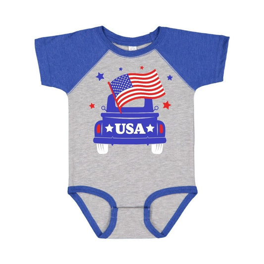 Sweet Wink Baby Boys Blue Onesie - USA Patriotic Flag Truck