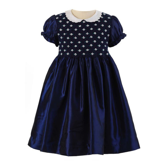 Rachel Riley London Girls Navy Blue Taffeta Smocked Dress