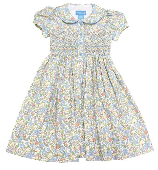 Anavini Couture Girls Blue Liberty Floral Smocked Button Front Dress