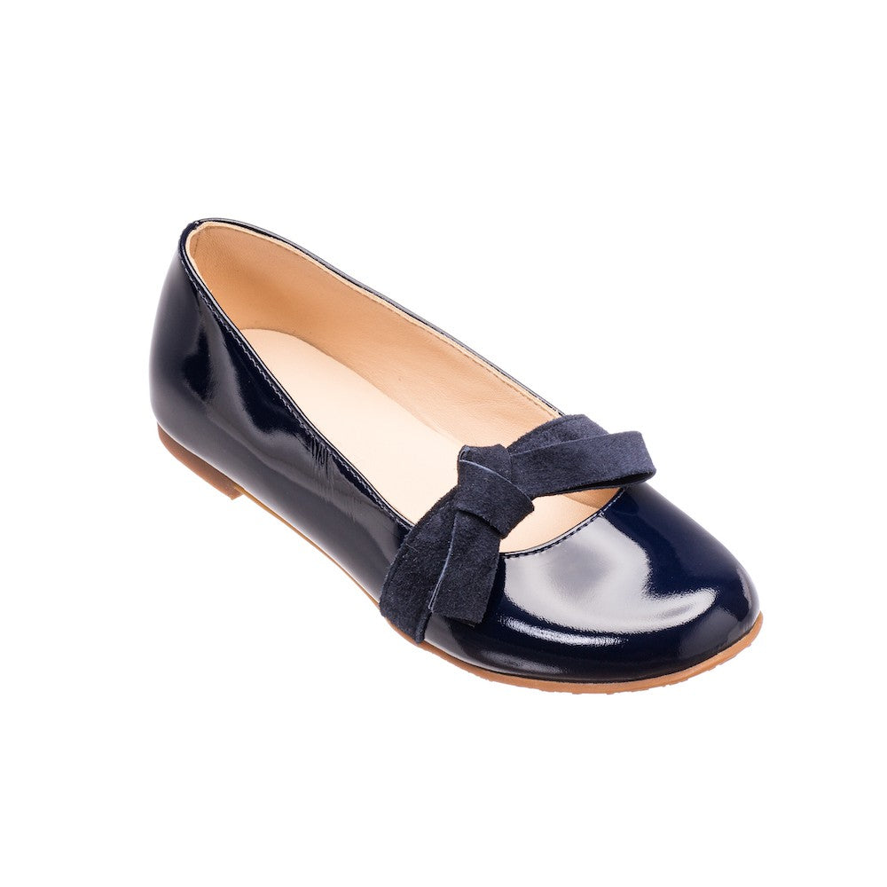 Elephantito Girls Dress Shoes - Claire Flats with Bow - Patent Navy Blue