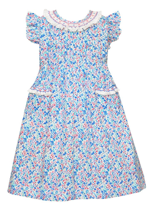 Anavini Couture Girls Blue Liberty Floral Dress - Pockets & Smocked Collar