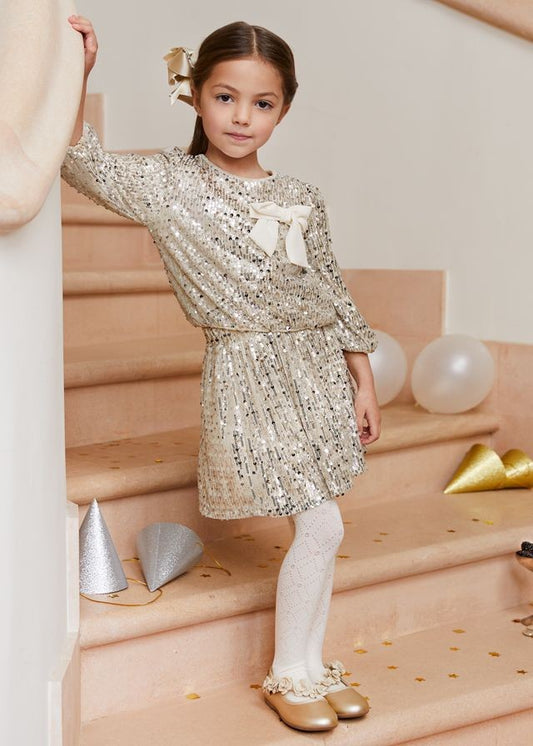 Abel & Lula Girls Gold Sequins Holiday Party Skirt & Top with Bow