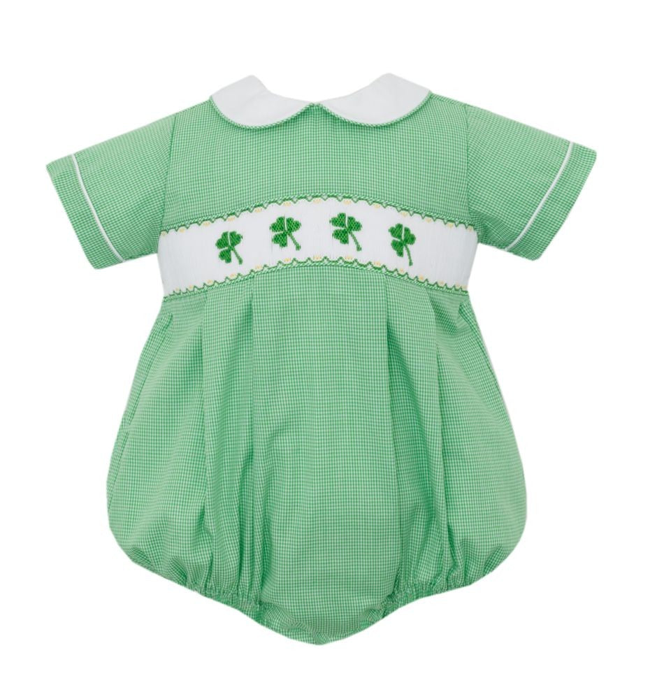 Petit Bebe Baby Boys Green Gingham Smocked Shamrocks Bubble