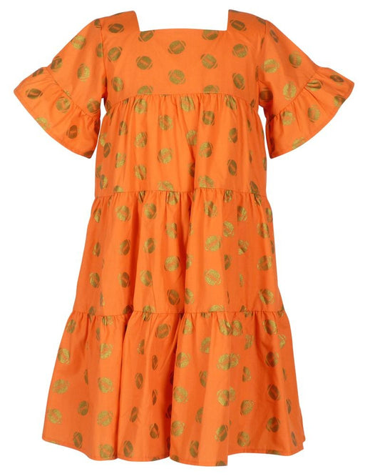 Yellow Lamb Girls Game Day Tiered Dress - Gold Footballs - Orange