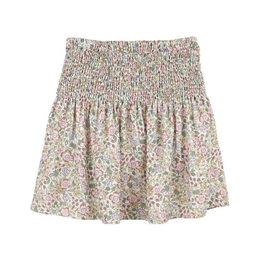 Luli & Me Gabby Girls Audrey Smocked Skirt - Green & Pink Primrose Floral