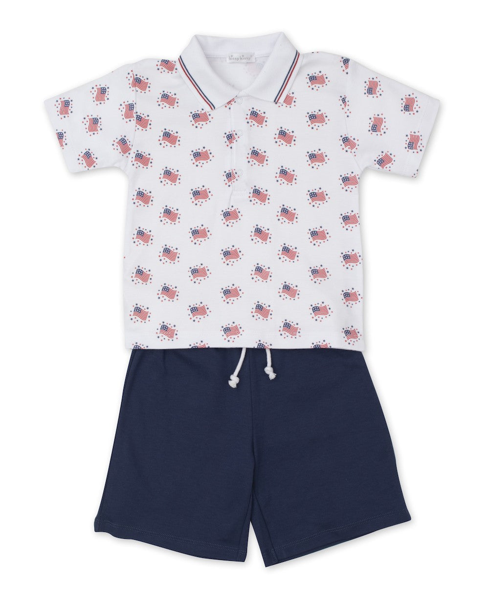 Kissy Kissy Boys Essence of America Patriotic Flags Polo Shirt with Navy Blue Shorts