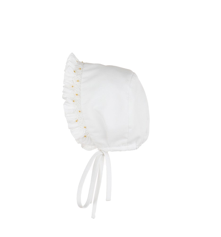 Luli & Me Baby Girls Classic White BIshop Dress - Bloomers & Bonnet - Smocked in Yellow