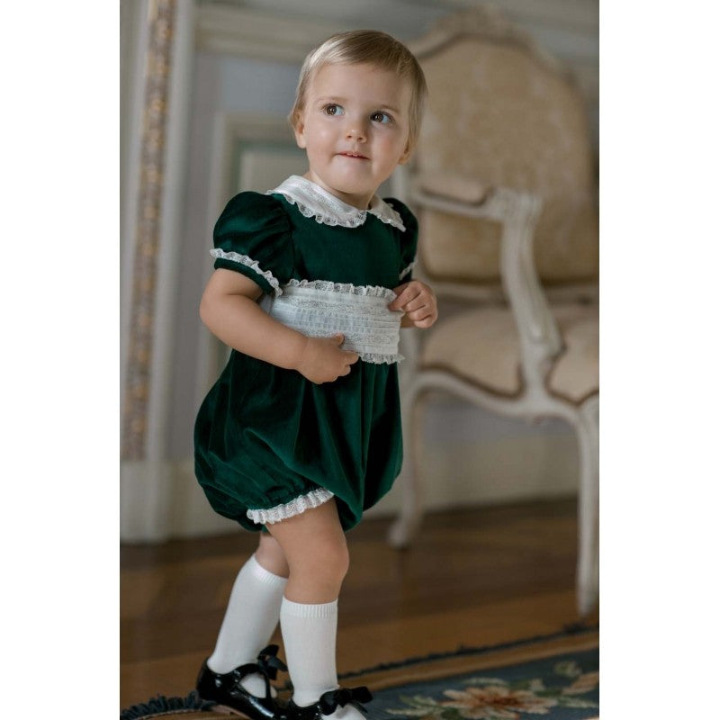 Sal & Pimenta Girls Bubble - Royal Emerald Green Velvet with Ivory Cummerbund Waist - 6M Sal & Pimenta Girls Bubble - Royal Emerald Green Velvet with Ivory Cummerbund Waist - 6M
