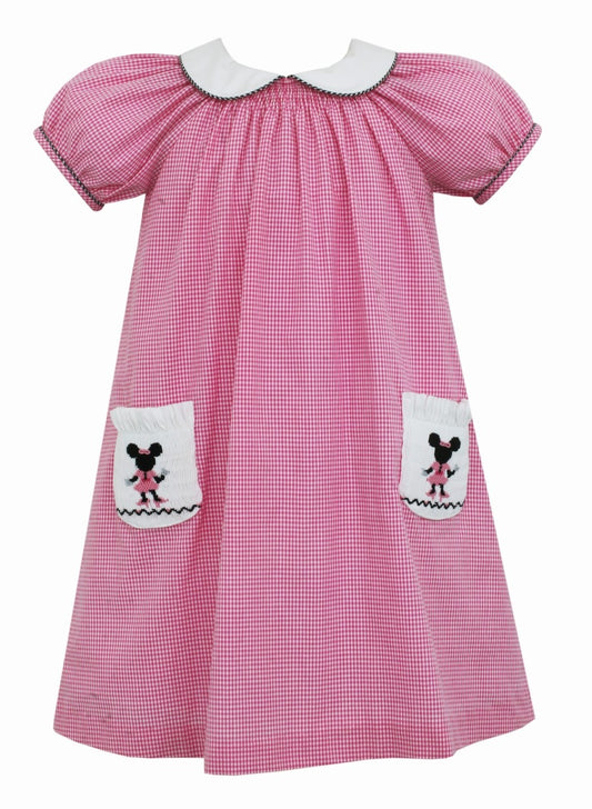 Anavini Girls Pink Check Dress with Smocked Minnie Mouse Pockets