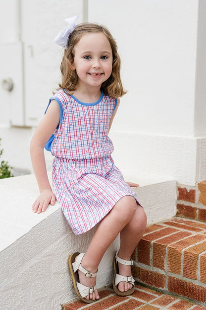James & Lottie Girls Kristin Knot Dress - Patriotic Stars Print