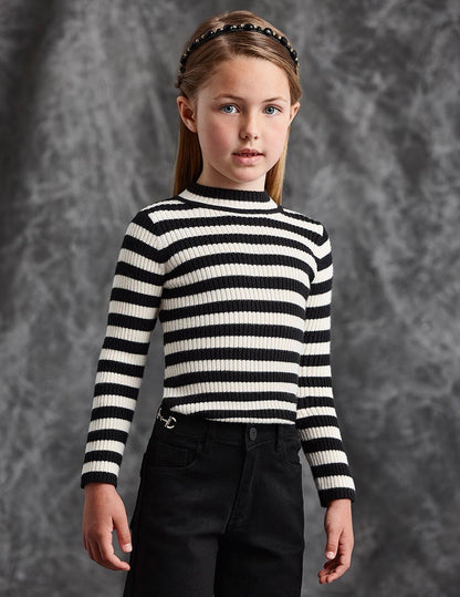 Abel & Lula Girls Black & White Knit Striped Turtleneck Top