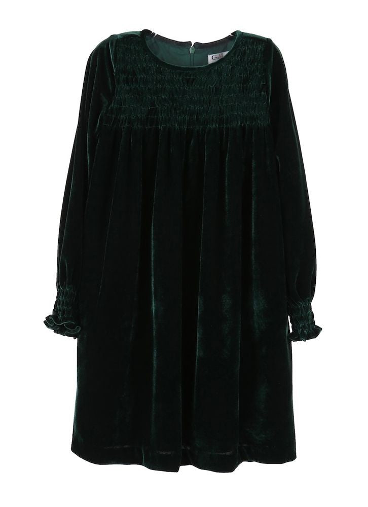 Luli & Me Gabby Girls Smocked Velvet Holiday Dress - Emerald Green